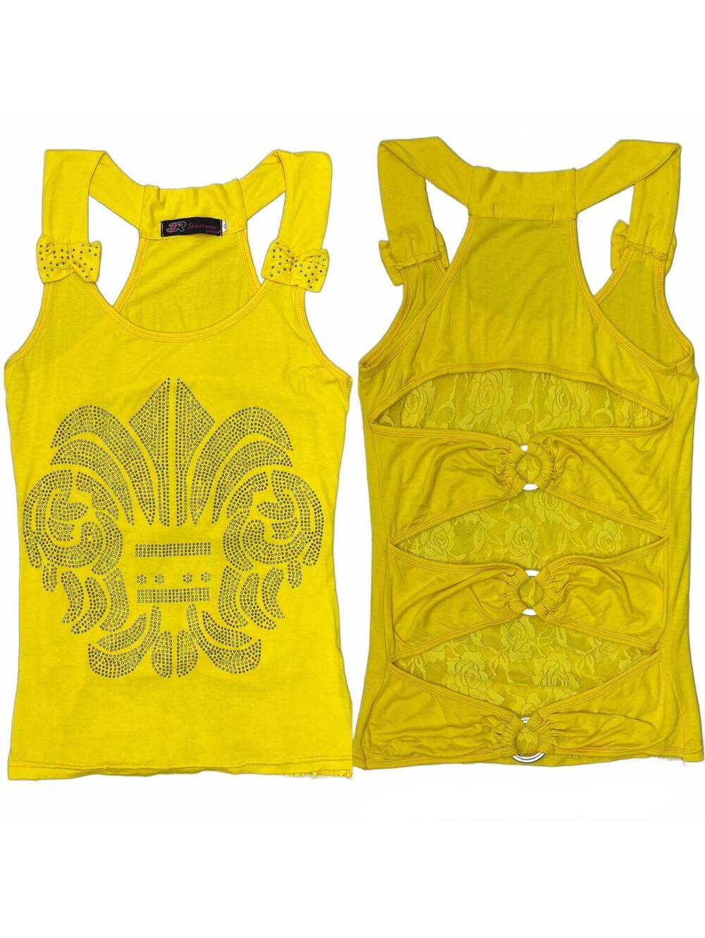 Y2K 3R StreetWear Sz S Yellow Tank Bedazzled Fleur De Lys Laced Back Bow Straps